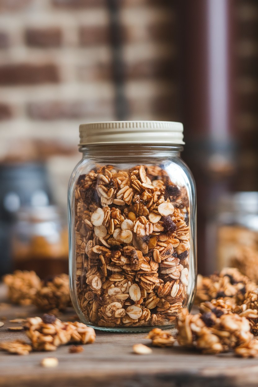 An indoor jar filled with chunky maple tahini granola clusters, photo, no text or logos.
