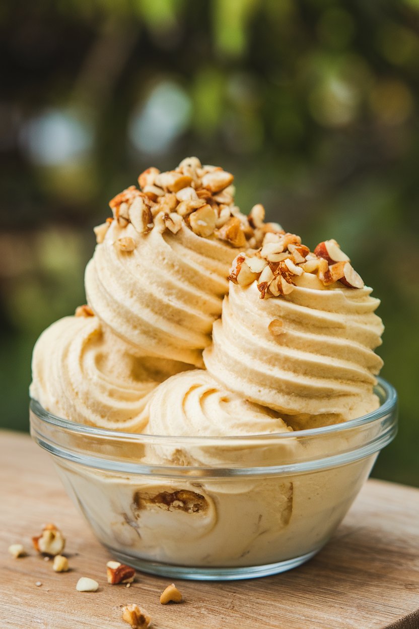 Indoor photo of a bowl of creamy blended banana nice cream topped with chopped nuts, slight swirl pattern visible, no text or logos