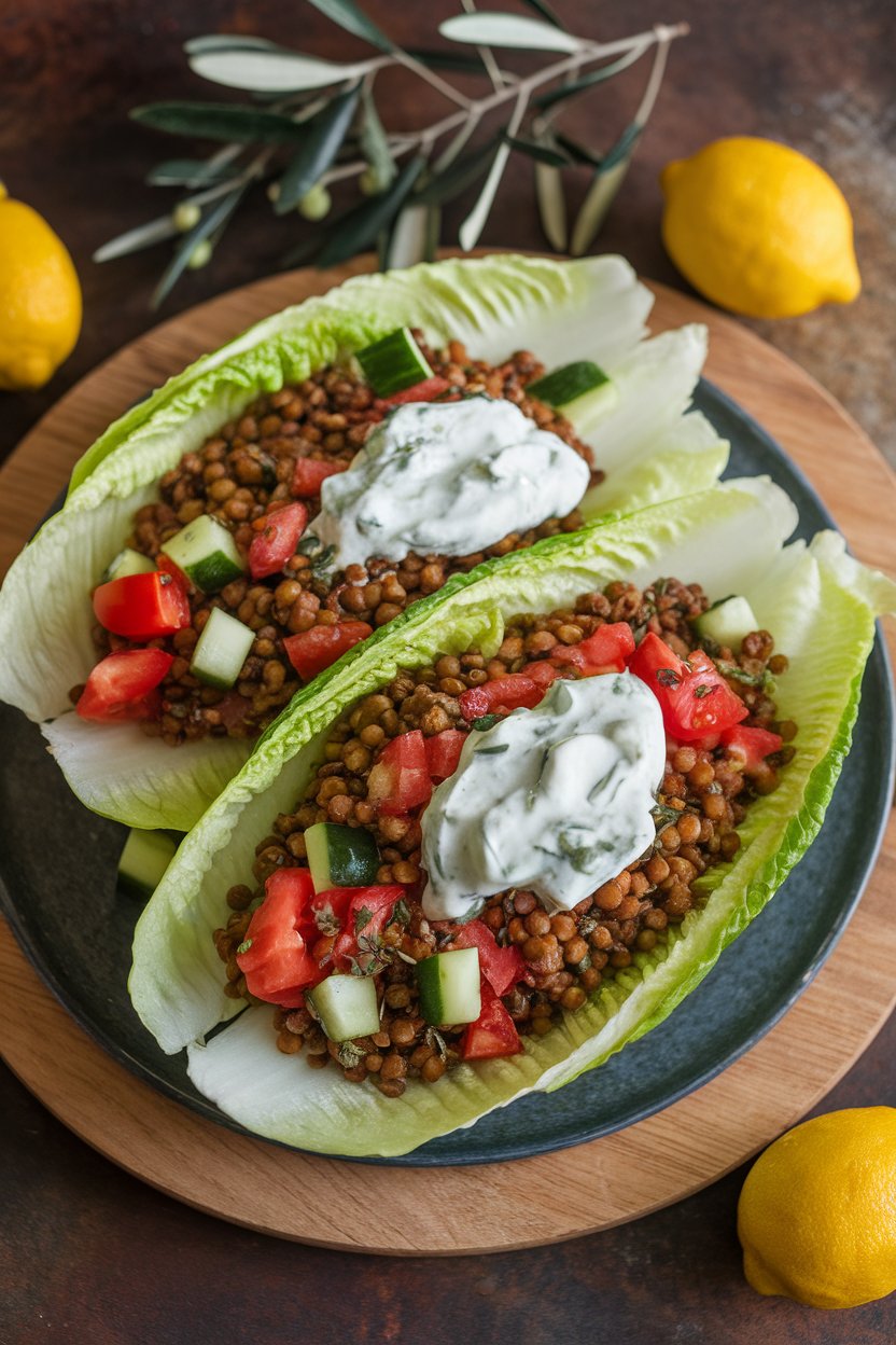 Indoor platter of crisp romaine leaves filled with spiced lentils, diced cucumber, tomato, and a dollop of tzatziki. Photo only, no text or logos.