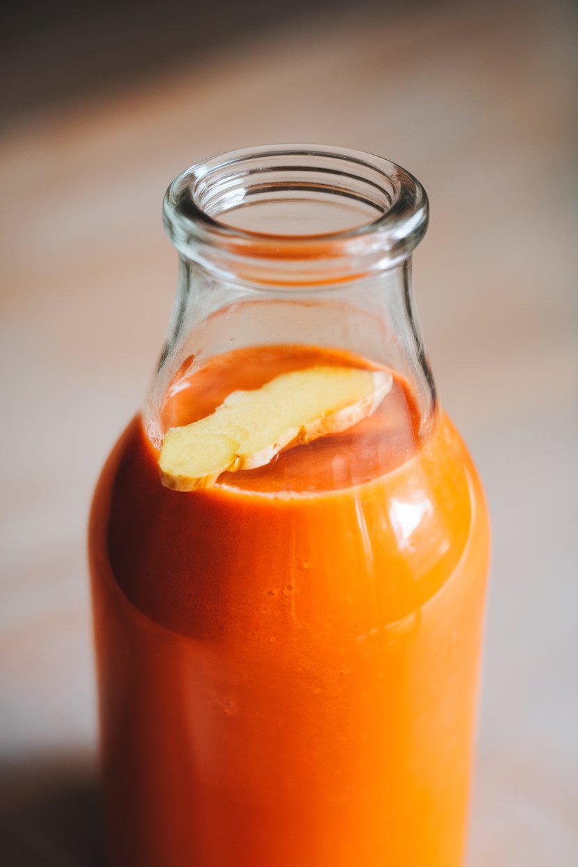 Photo of indoor glass bottle filled with bright orange carrot juice blend, ginger slice floating, no text or logos.