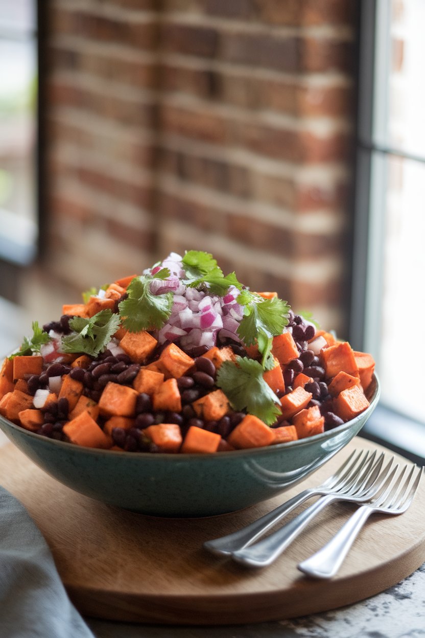 An indoor scene featuring a large serving bowl of roasted sweet potato cubes, black beans, diced red onion, and cilantro, lightly dressed. No text or logos.