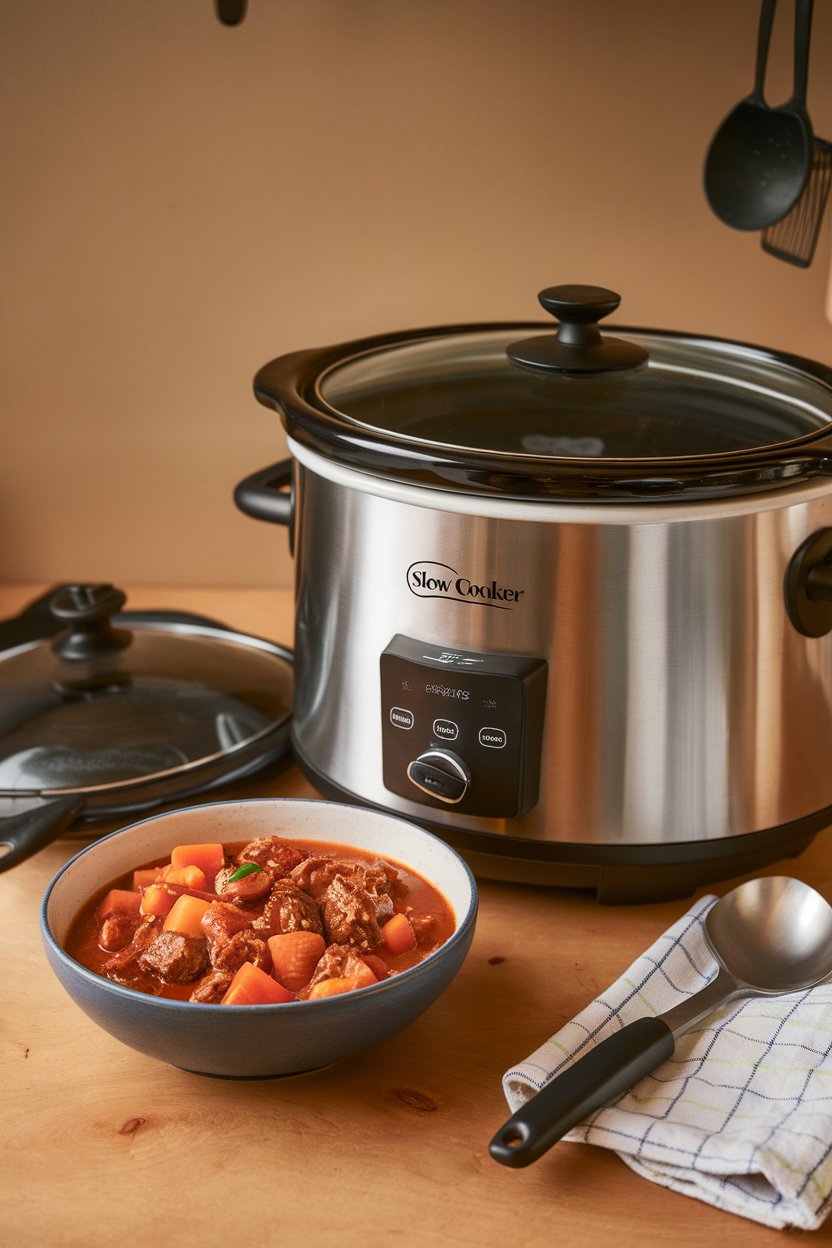 An indoor kitchen setting where a bowl of vegetable beef stew sits beside a slow cooker; warm light, no text or logos. Photo only.