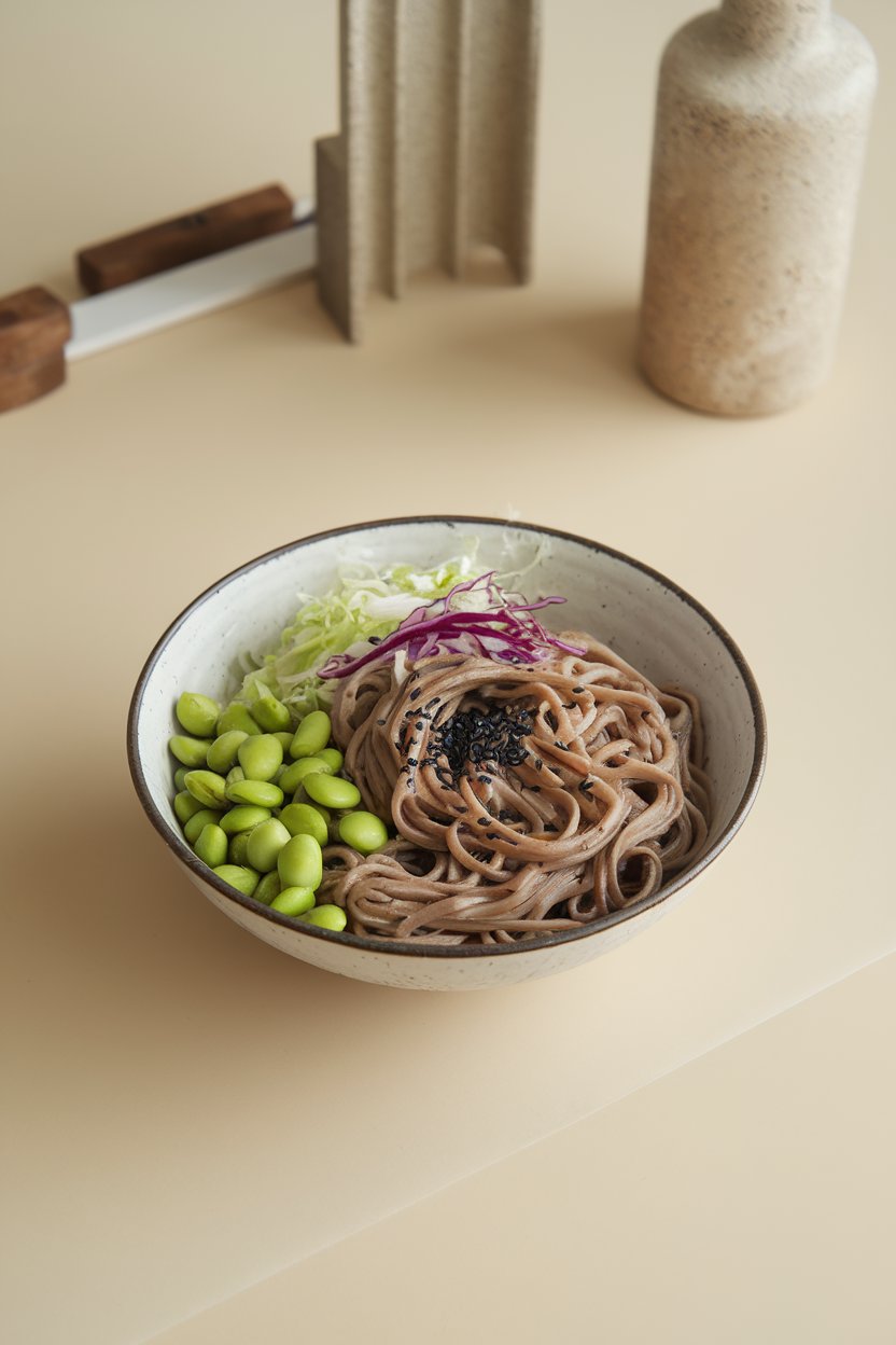 Indoor minimalist tabletop with a bowl of chilled soba noodles, edamame, scallions, and shredded purple cabbage sprinkled with black sesame seeds. Photo only, no text or logos.