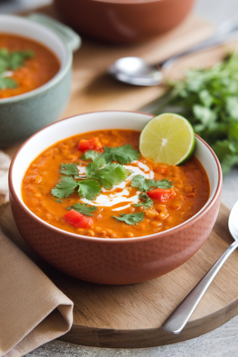 An indoor soup bowl holding vibrant orange coconut lentil soup with cilantro and a lime wedge. No text or logos; photo, not illustration.