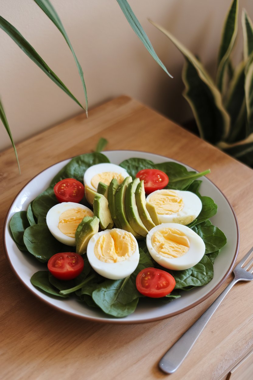 Photo of baby spinach topped with sliced hard-boiled eggs, avocado, and cherry tomatoes in an indoor setting, no text or logos.