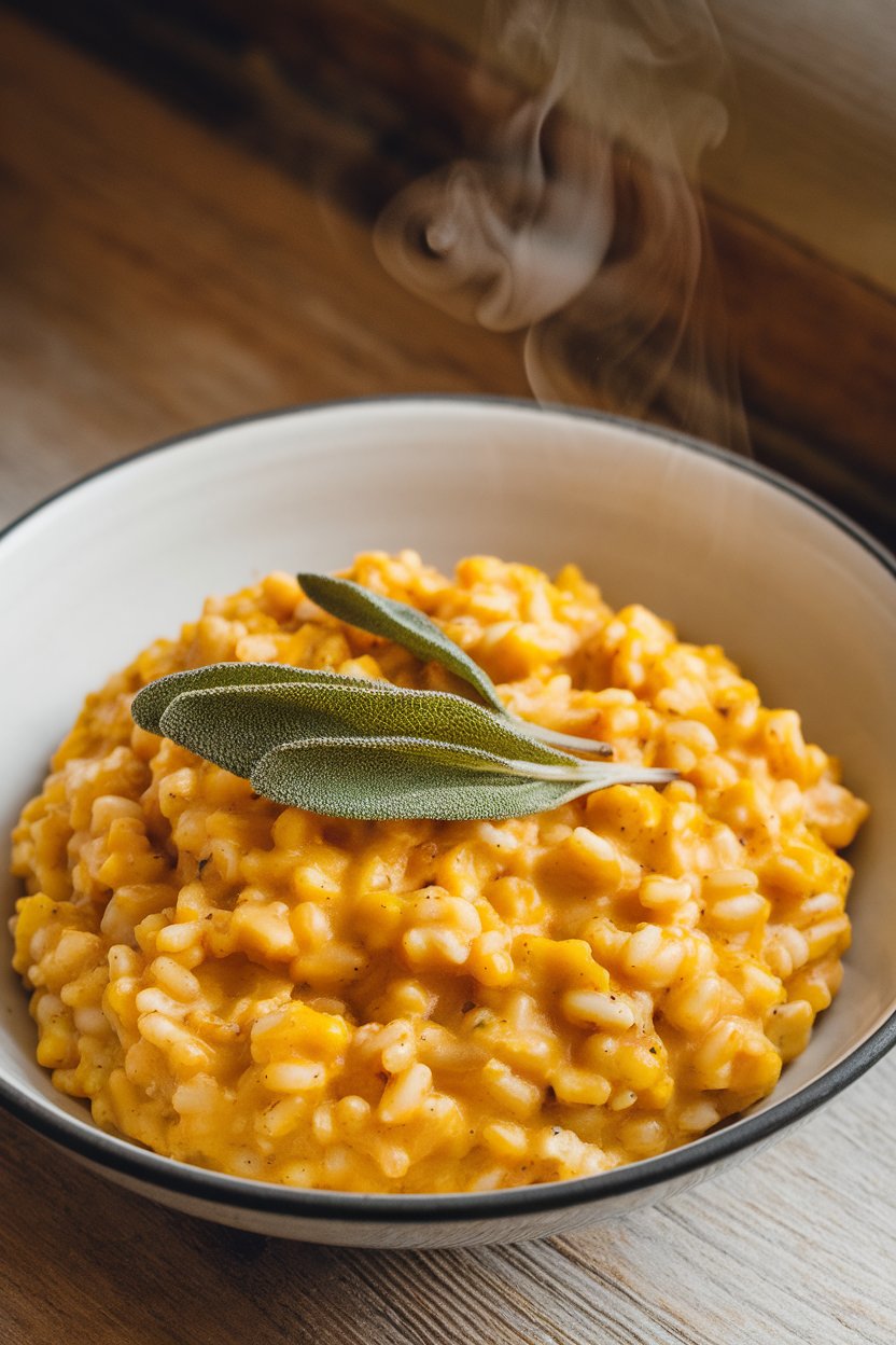 Indoor photo of a bowl of creamy pumpkin brown rice risotto garnished with fresh sage leaves, steam visible. No logos or text.
