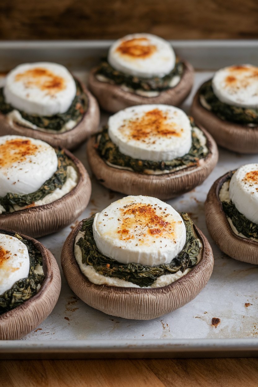 A baking tray indoors with large roasted portobello caps filled with spinach-ricotta mixture, mozzarella lightly browned on top; no text or logos; photo.