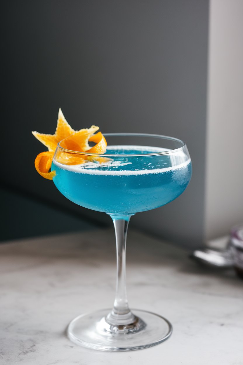 Indoor coupe of vibrant blue Midnight Kiss cocktail topped with a splash of sparkling wine, star-shaped citrus peel garnish. No logos anywhere.