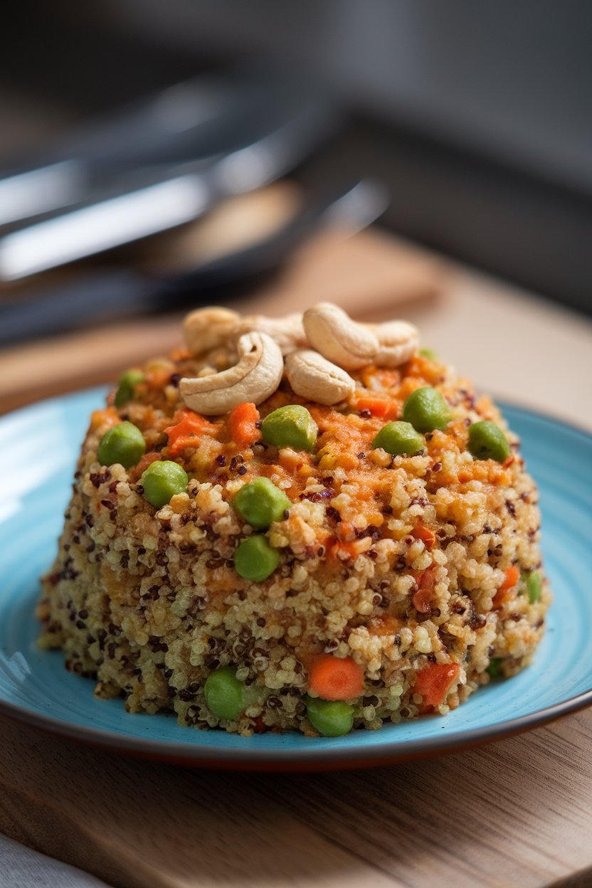 An indoor dining plate with a mound of quinoa bisi bele bath dotted with veggies and garnished with roasted cashews. No text or logos. Photo, not illustration.