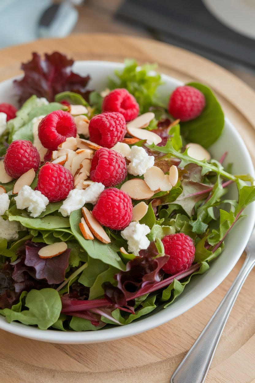Photo of leafy spring mix topped with raspberries, sliced almonds, and goat cheese crumbles, shot indoors, no text or logos.
