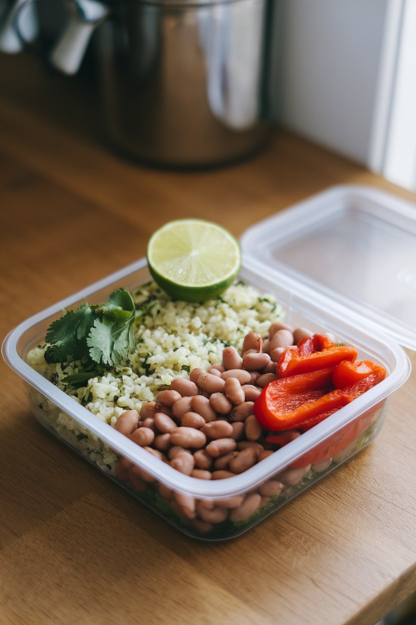 A meal-prep container indoors divided into cilantro-lime brown rice, pinto beans, and roasted red pepper strips, lime wedge on the side. No logos.
