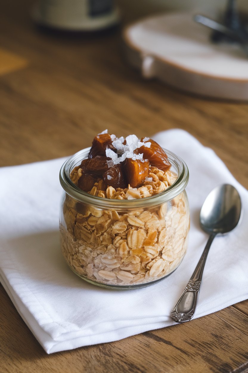 Indoor wooden table shot of a jar of golden oats topped with chopped dates, a drizzle of date syrup, and a tiny pinch of flaky sea salt. No branding. Photo only.