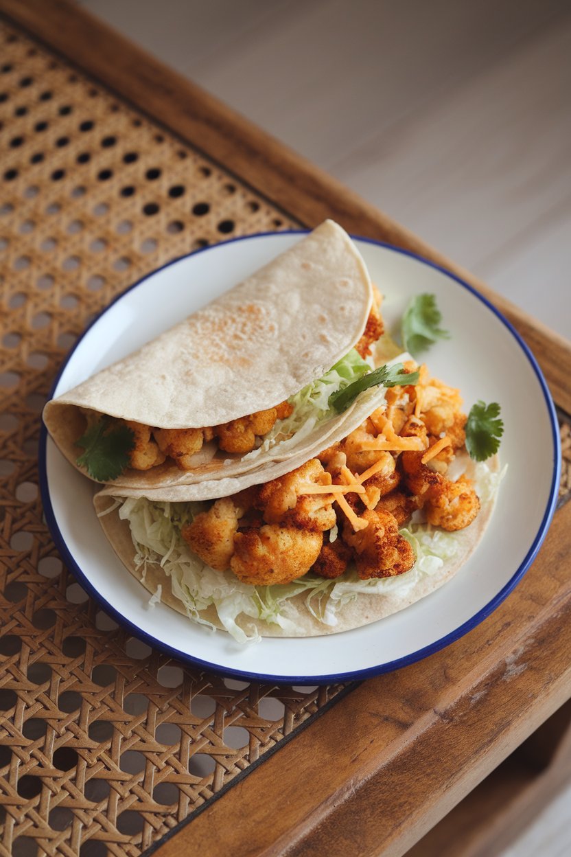 An indoor plate with corn tortillas filled with spiced roasted cauliflower, shredded cabbage, and cilantro. No text or logos anywhere. Photo only.