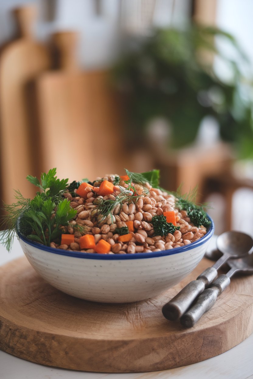An indoor serving bowl of spelt berries mixed with parsley, dill, and diced roasted carrots. Photo, no text or logos.