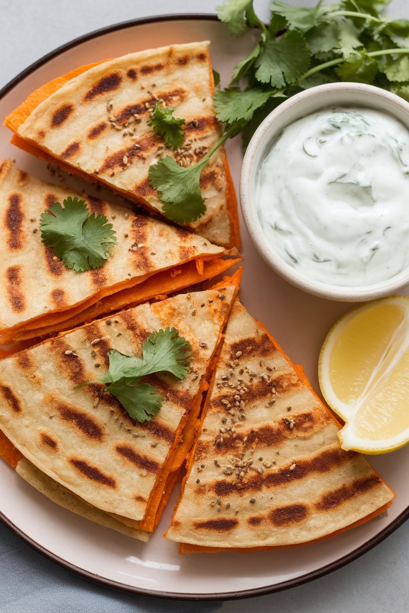 Indoor dish, Moroccan carrot-lentil quesadilla wedges with cumin seeds visible, photo, no text or logos.
