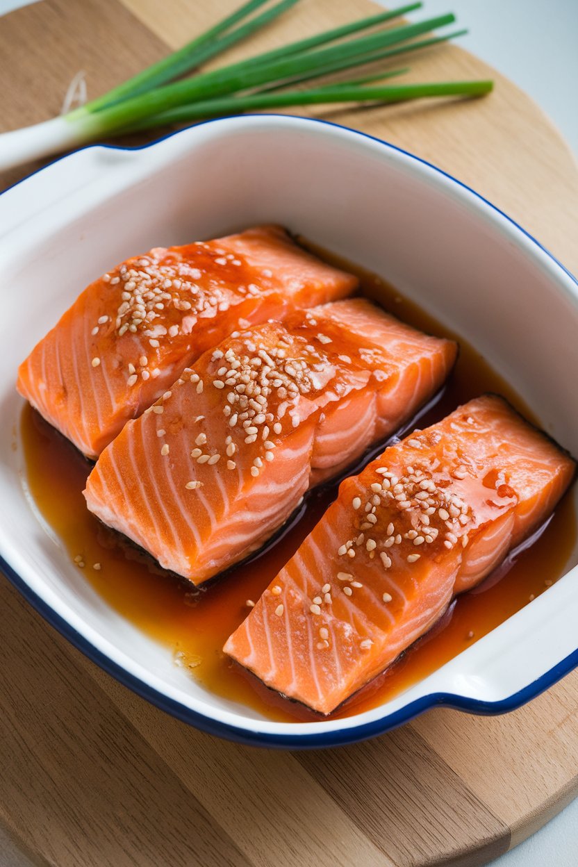 An indoor serving dish with cooked salmon fillets glazed in shiny sriracha honey sauce, garnished by sesame seeds. No text or logos.