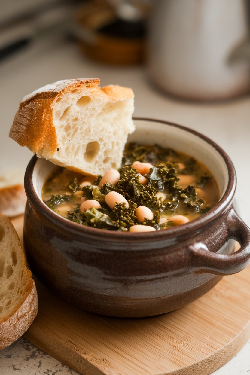 A ceramic indoor soup bowl filled with hearty kale and white bean soup, a slice of crusty bread leaning on the rim. Photo only, no text or logos.