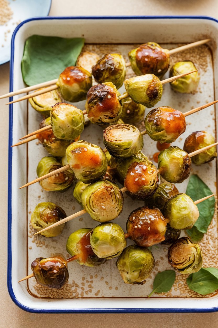 Short wooden skewers of roasted Brussels sprouts glazed with maple-mustard, resting on an indoor ceramic tray. No text or logos. Photo.