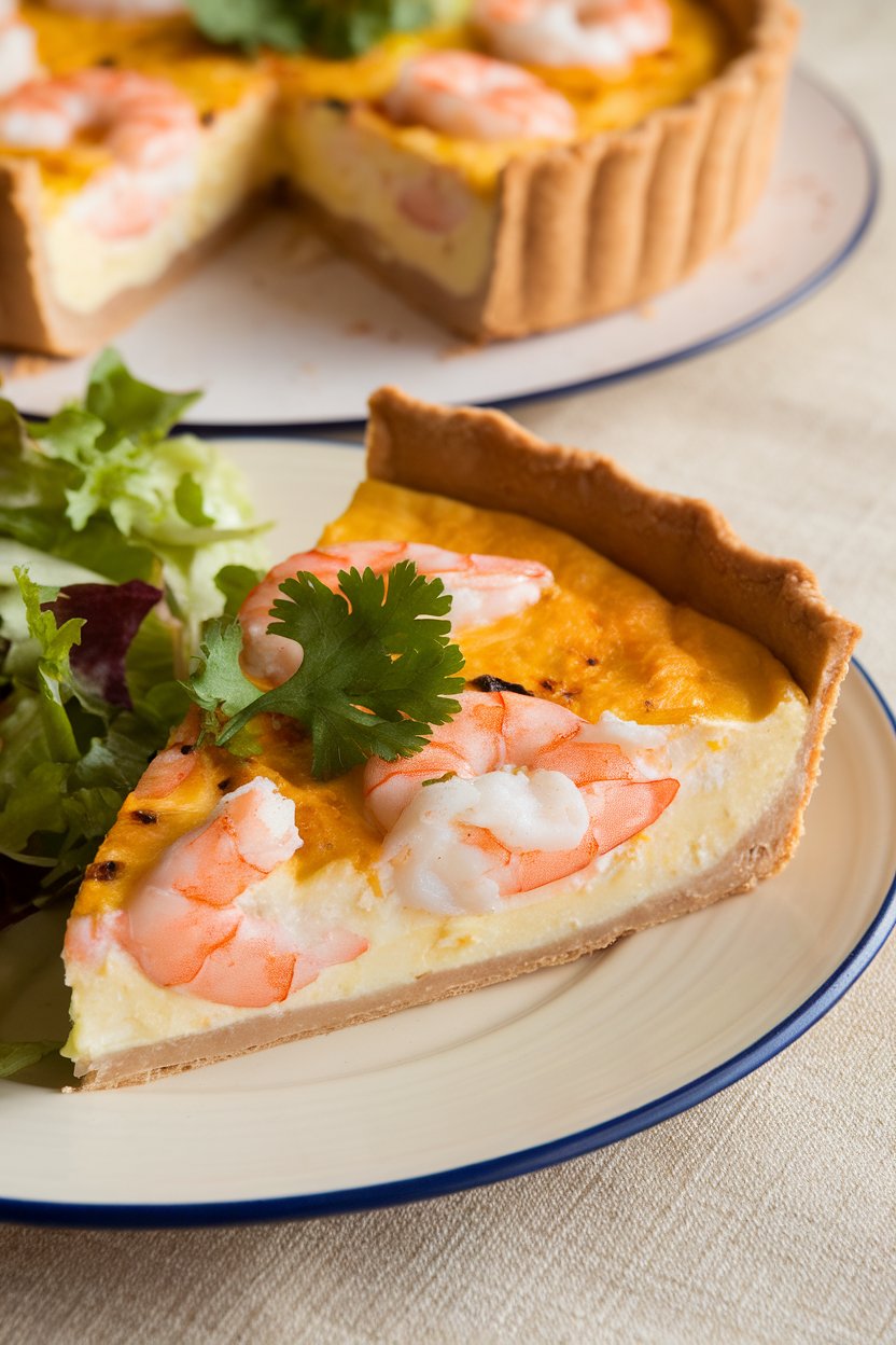 Indoor photo of a slice of cooked shrimp and coconut quiche garnished with cilantro, no raw seafood, no text or logos.