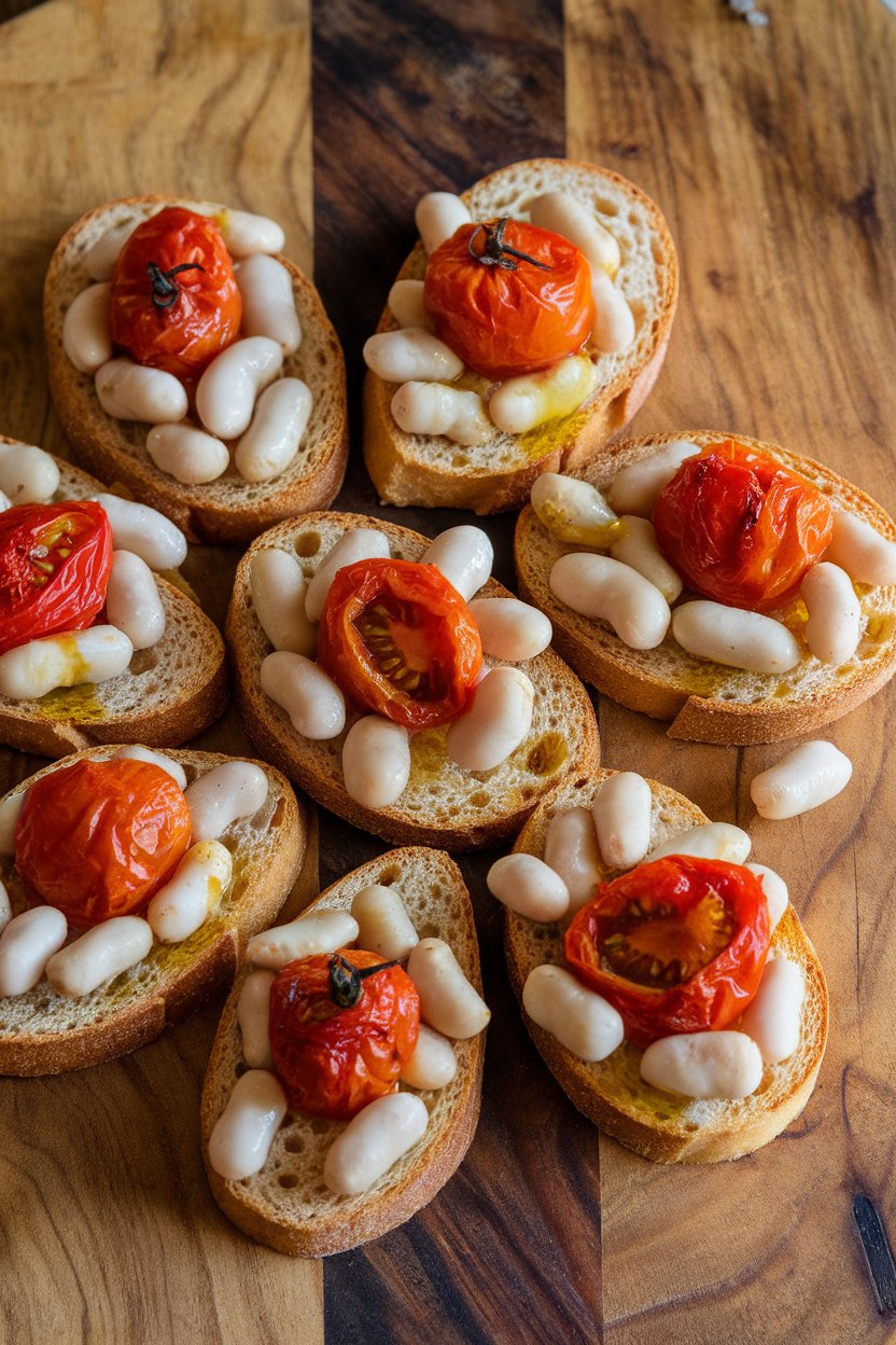 Indoor platter of whole-grain crostini topped with roasted tomatoes and white beans, glistening with olive oil. No text or logos.