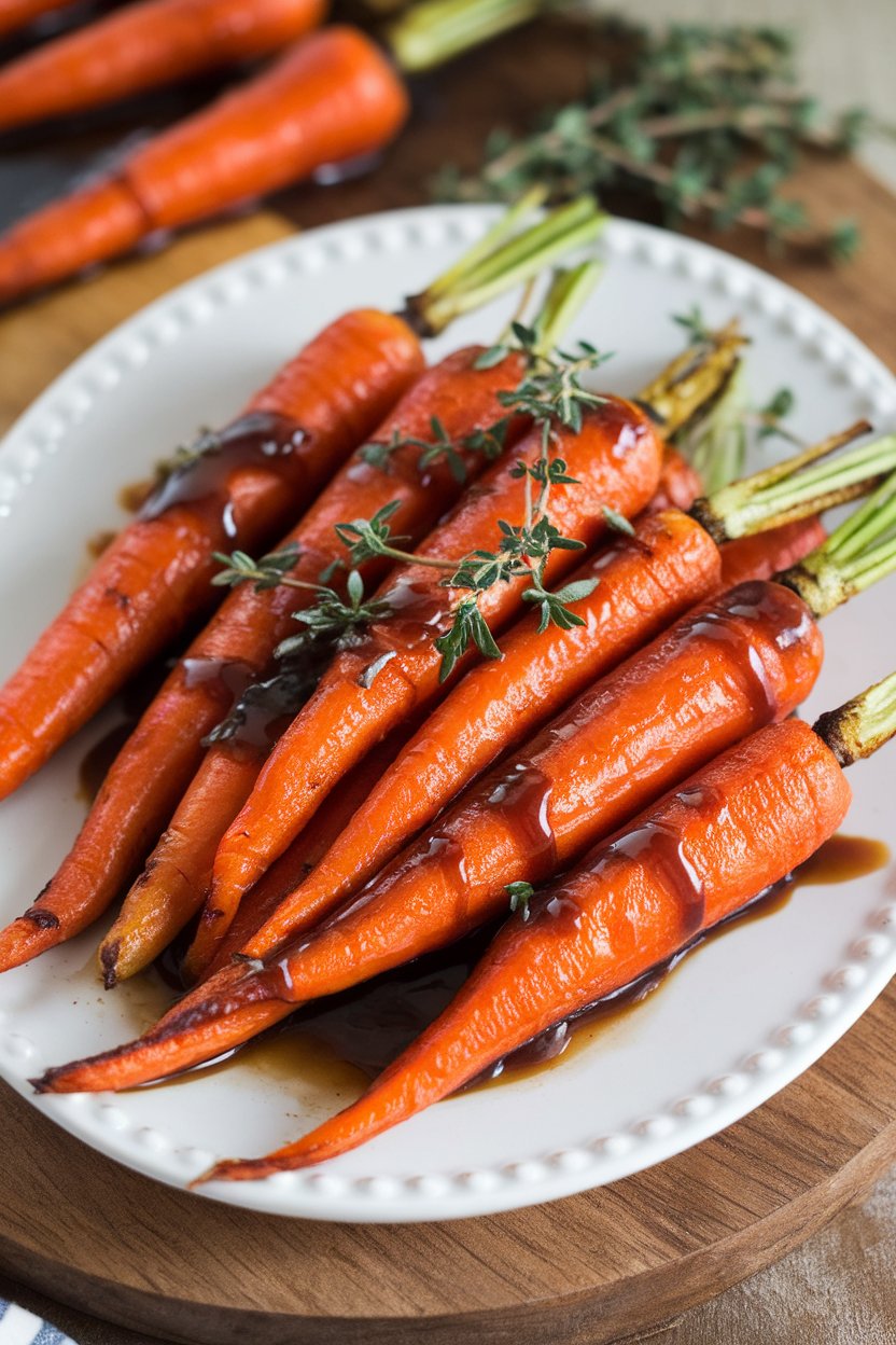 A white platter featuring roasted baby carrots glazed with cinnamon and maple, garnish of thyme. No text or logos.