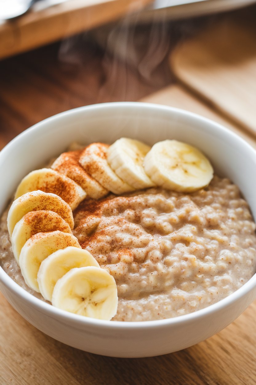 Indoor photo of a warm bowl of oatmeal sprinkled with sliced banana and cinnamon, steam visible, no text or logos