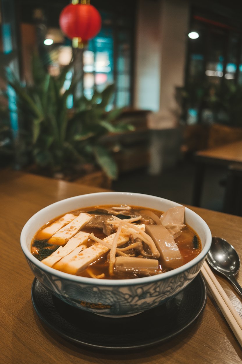 Indoor Chinese restaurant table with bowl of hot and sour soup, tofu strips, mushrooms, and bamboo shoots visible. No text or logos. Photo.