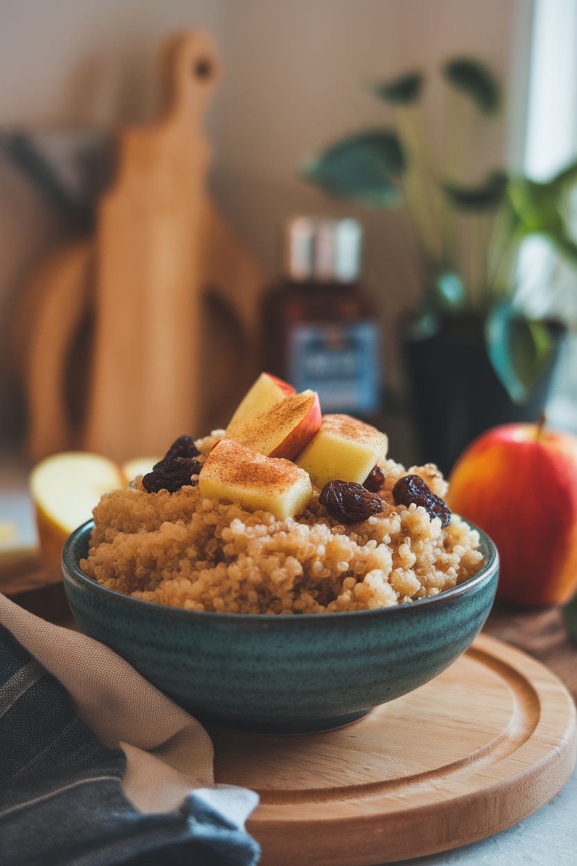 A cozy indoor bowl of fluffy quinoa topped with apple cubes, raisins, and a dusting of cinnamon. No text or logos; photo.