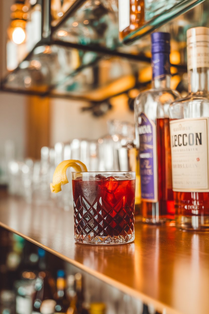 An indoor bar shelf highlighting a rocks glass Boulevardier with deep garnet hue and a lemon twist. No text or logos.