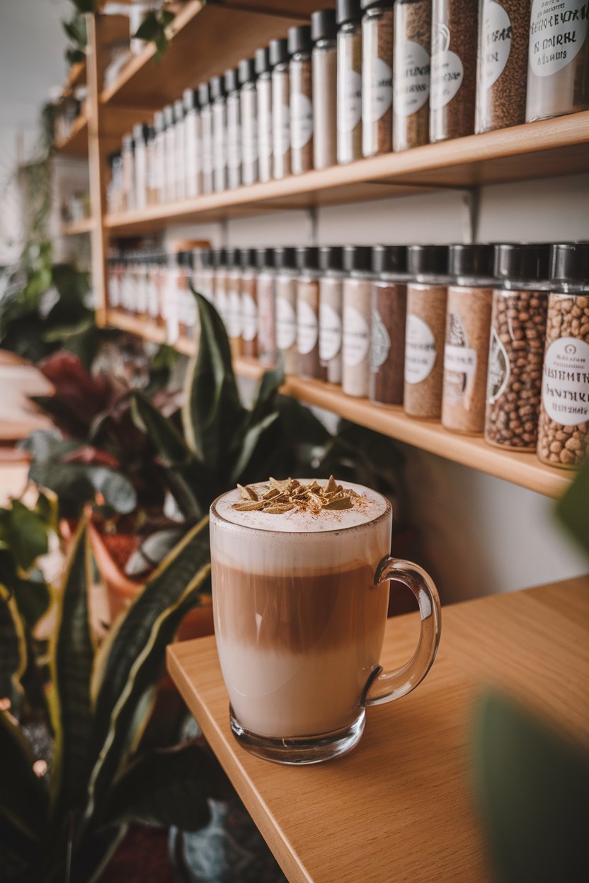 Indoor shelf lined with spices, foreground shows a mug of white chocolate chai latte topped with crushed cardamom pods. No text or logos. Photo only.