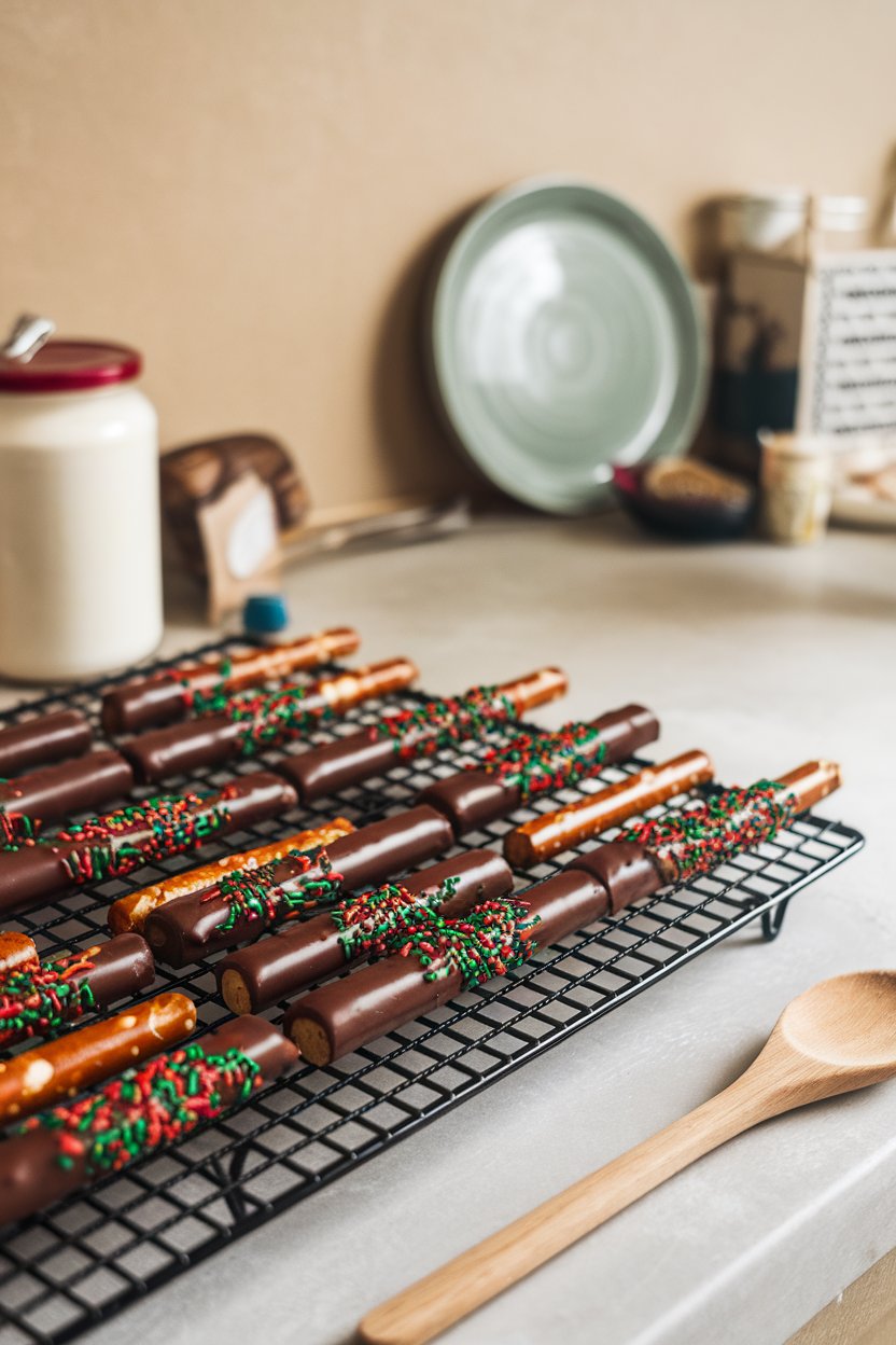 Pretzel rods half-dipped in dark chocolate and red-green sprinkles on an indoor cooling rack. No text or logos. Photo.