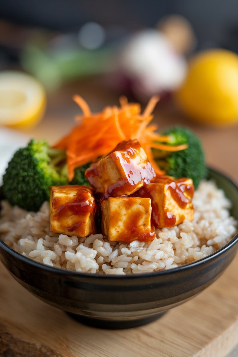 An indoor bowl of brown rice topped with teriyaki-glazed tofu cubes, steamed broccoli, and shredded carrots. No logos or text. Photo.