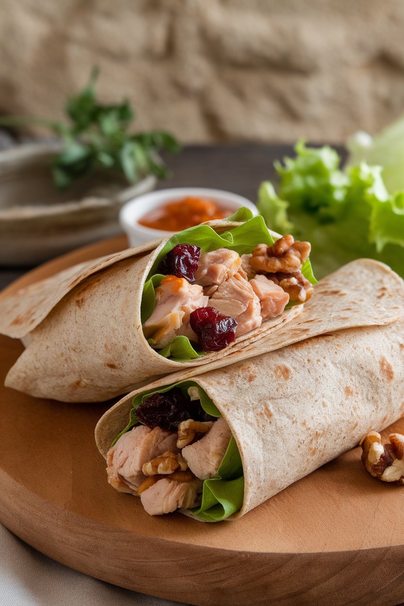 Indoor wrap halves showing diced chicken, dried cranberries, and walnuts in whole-grain tortillas. No text or logos present.