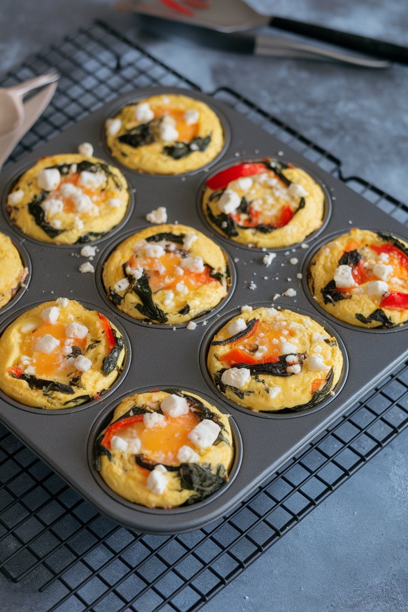 Indoor photo of a muffin tin filled with baked egg muffins dotted with spinach, bell peppers, and feta, sitting on a cooling rack; no text or logos.
