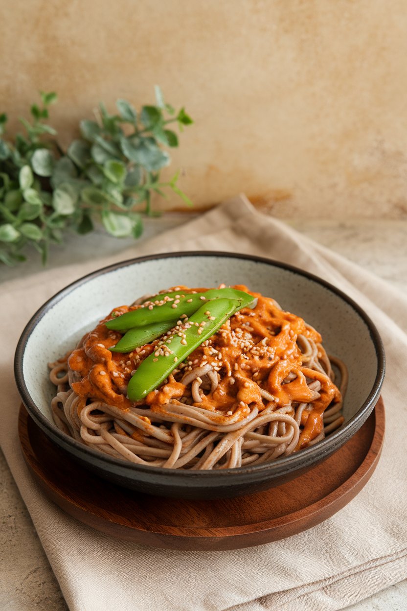 Photo of soba noodles coated in peanut sauce with bright green snap peas and sesame seeds indoors; no text or logos on dishware.