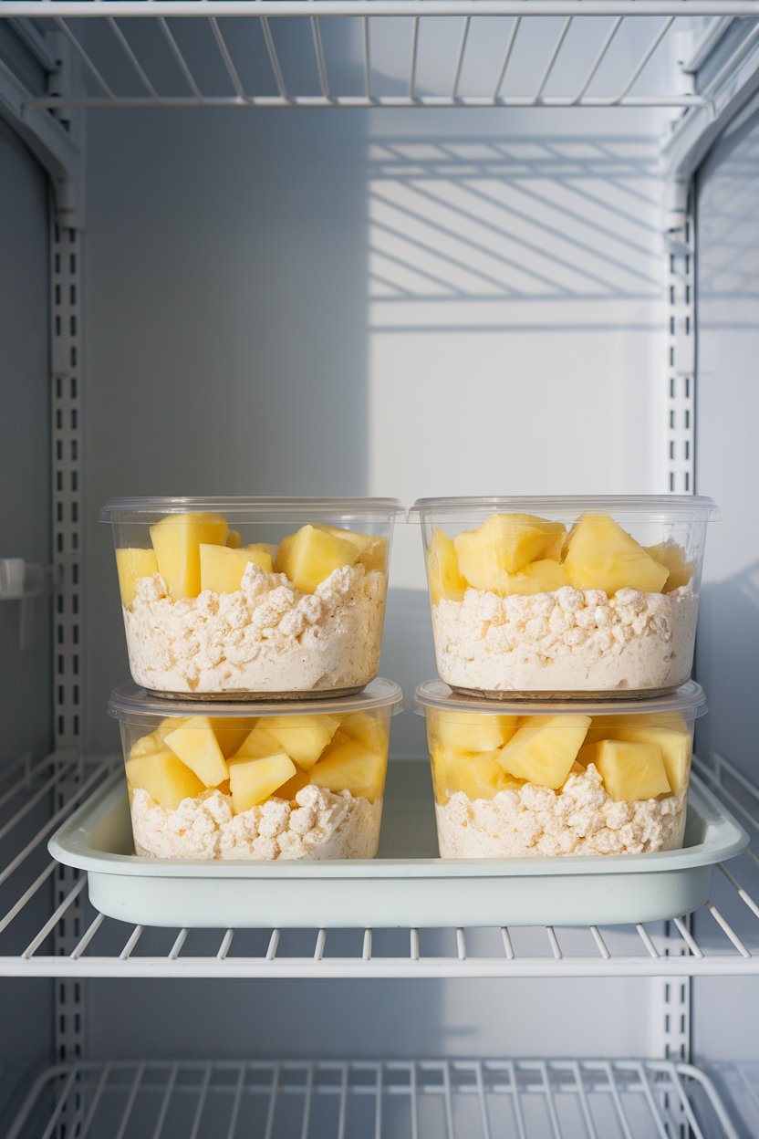 A refrigerated indoor shelf holding clear containers layered with creamy cottage cheese and fresh pineapple chunks. No text or logos.