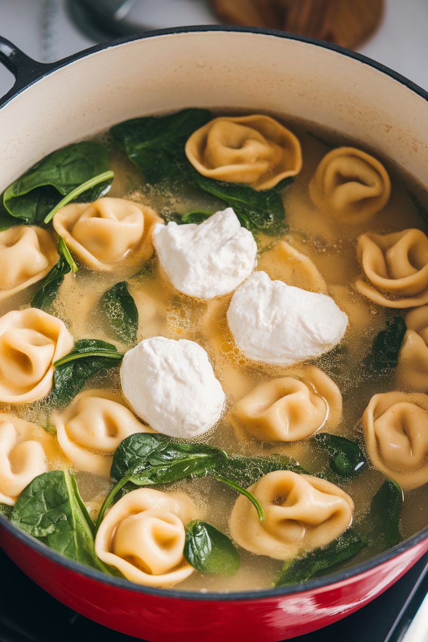 Photo of an indoor soup pot brimming with broth, cheese tortellini, spinach leaves, and dollops of ricotta; no text or logos
