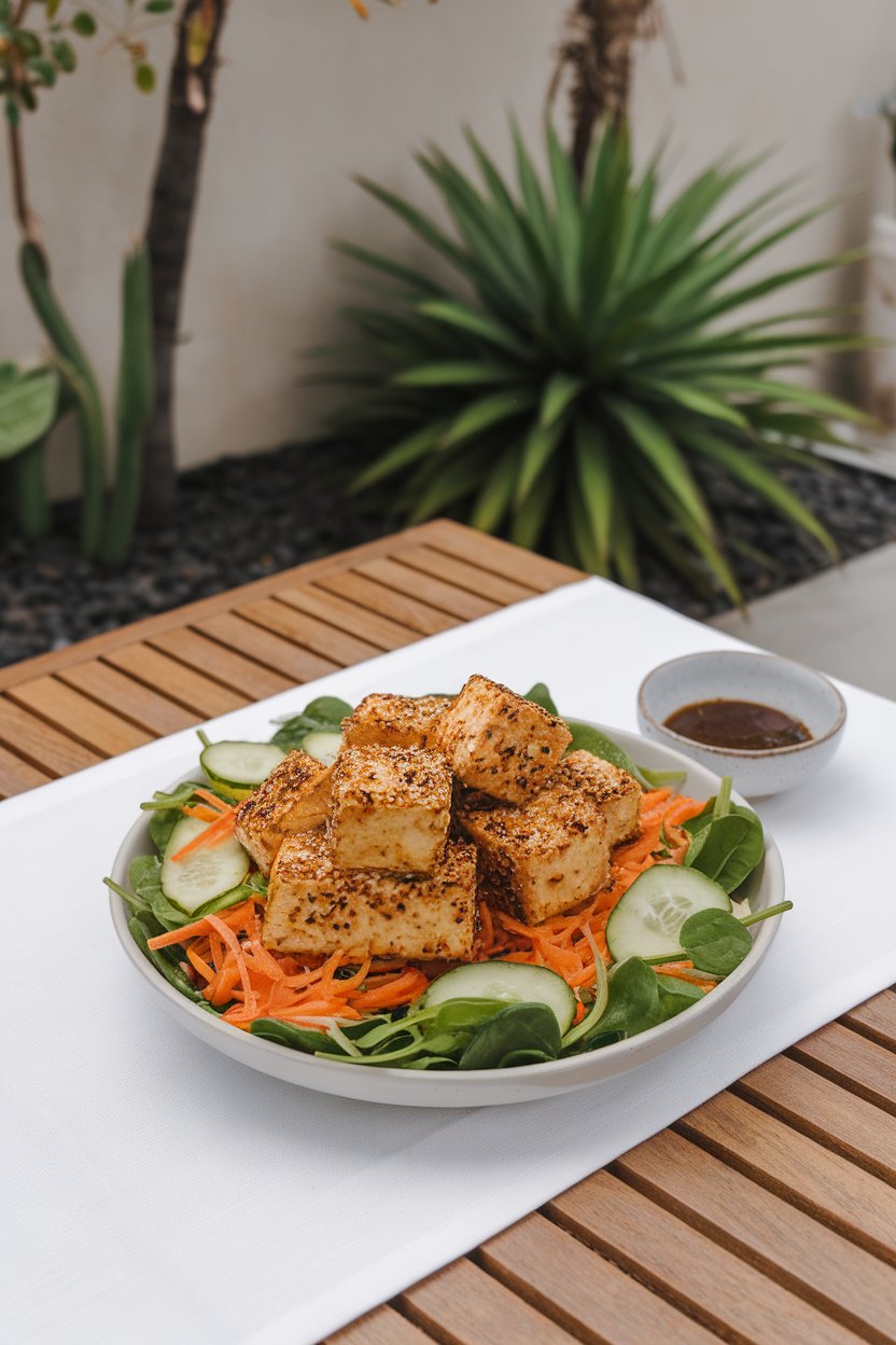 Indoor modern table displaying sesame-crusted pan-seared tofu cubes on spinach, shredded carrots, and cucumber ribbons with soy vinaigrette. Photo only, no text or logos.