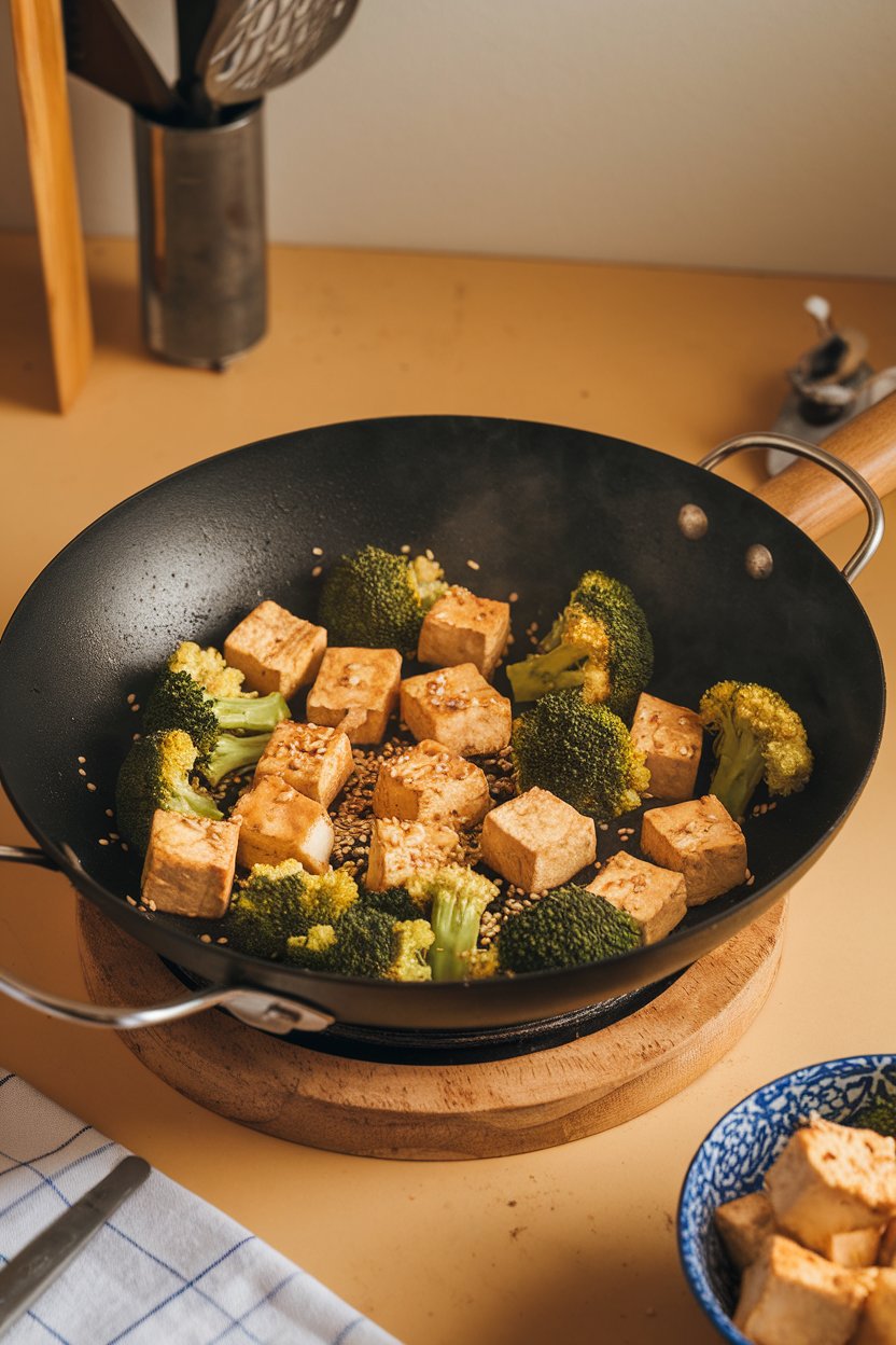 Indoor photo of a sizzling wok filled with golden tofu cubes, bright broccoli florets, and sesame seeds, no text or logos.