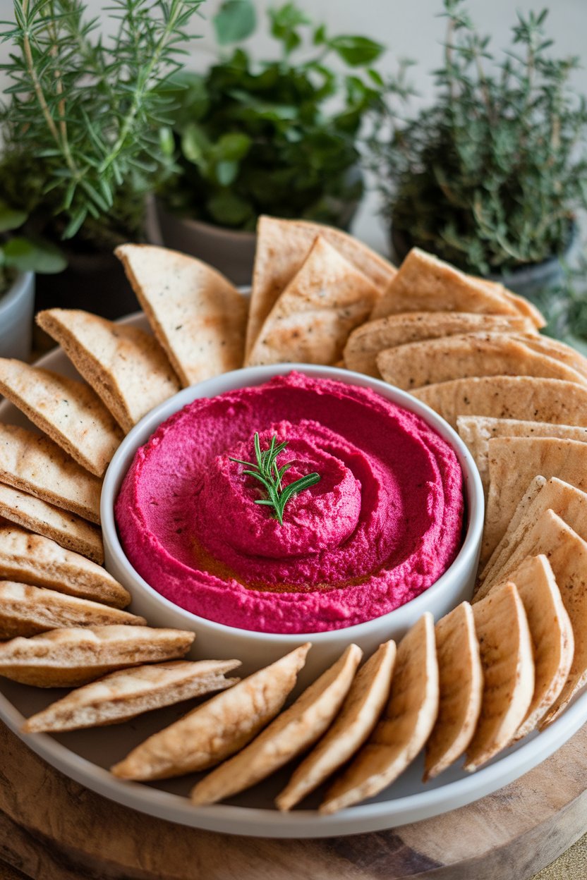 Indoor platter featuring vibrant pink beet hummus in a bowl surrounded by sliced whole-wheat pita triangles. No logos or text.