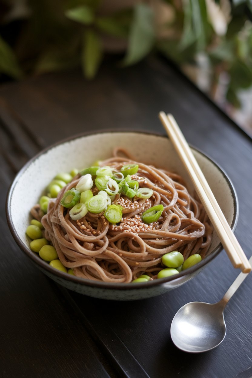 An indoor bowl of buckwheat soba noodles tossed with shelled edamame, sliced scallions, and sesame seeds; no text or logos; photo.