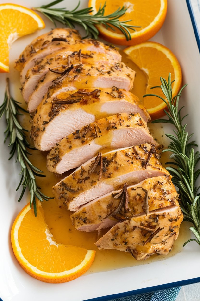Indoor photo of sliced chicken breast drizzled with orange-rosemary jus on a white serving platter, no text or logos