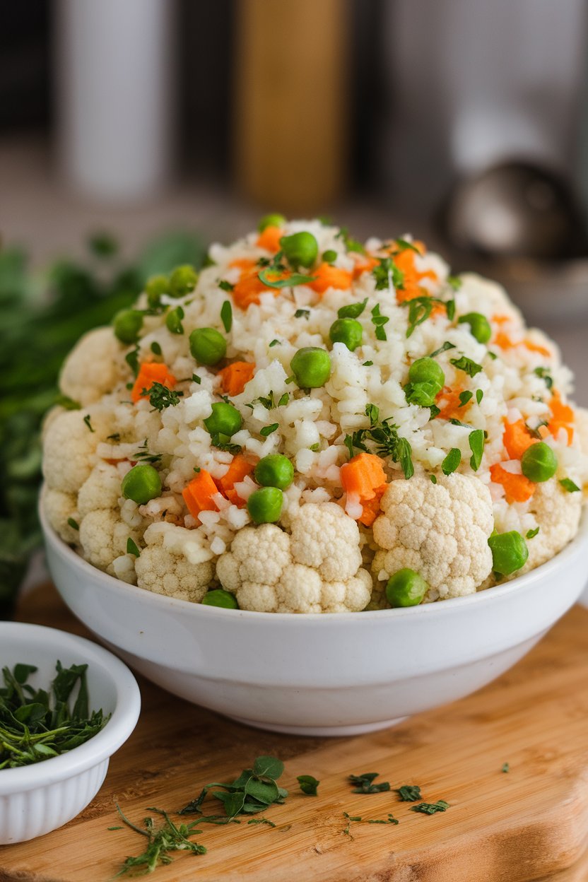 A white bowl indoors of cauliflower rice studded with peas, carrots, and chopped herbs; no text or logos, photo only