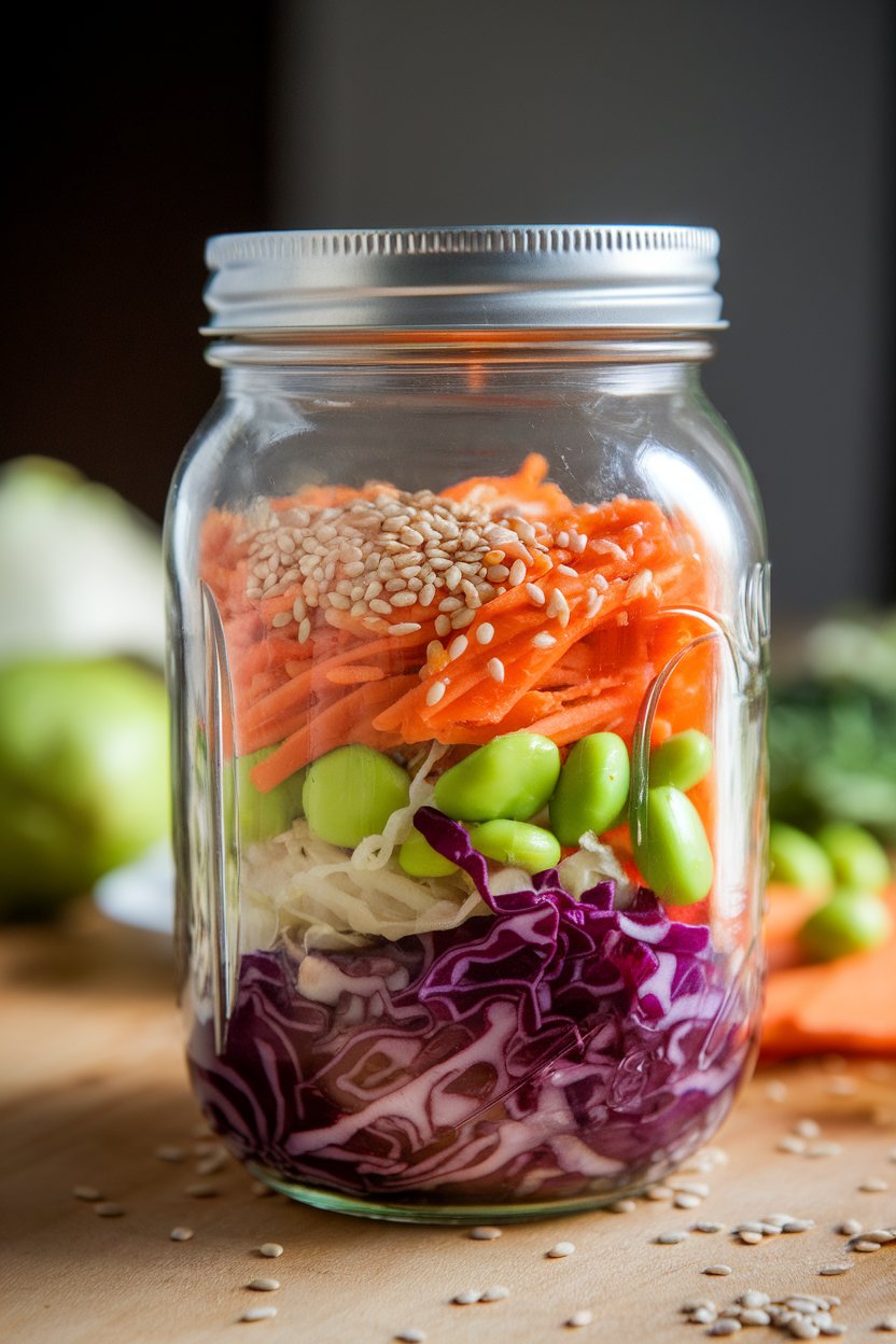 An indoor tabletop view of a mason jar layered with buckwheat soba noodles, shredded red cabbage, edamame, carrots, and sesame seeds; bright overhead light, no text or logos; photo