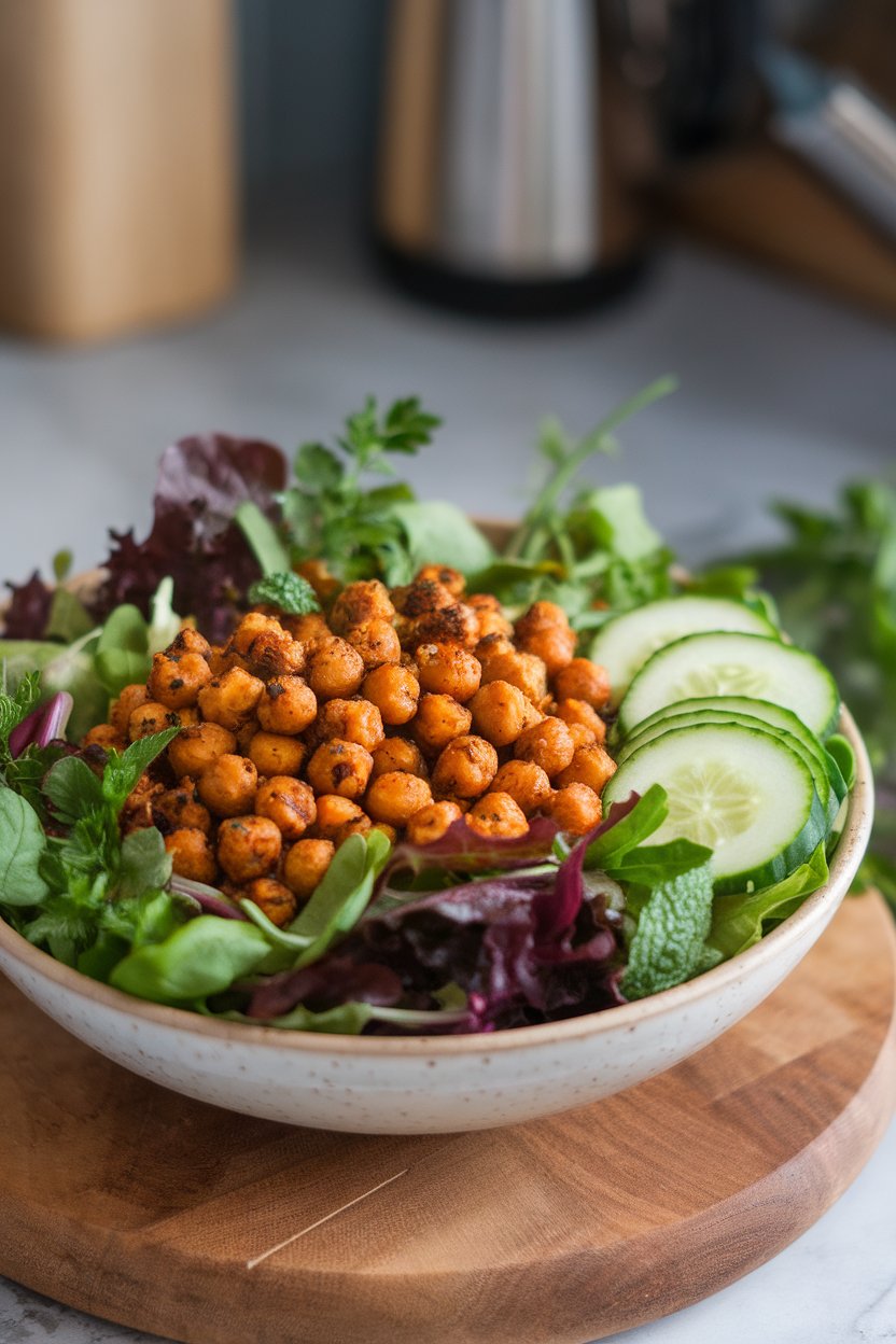 An indoor bowl of mixed greens topped with crunchy ranch-seasoned roasted chickpeas and sliced cucumbers. No text or logos; photo, not illustration.