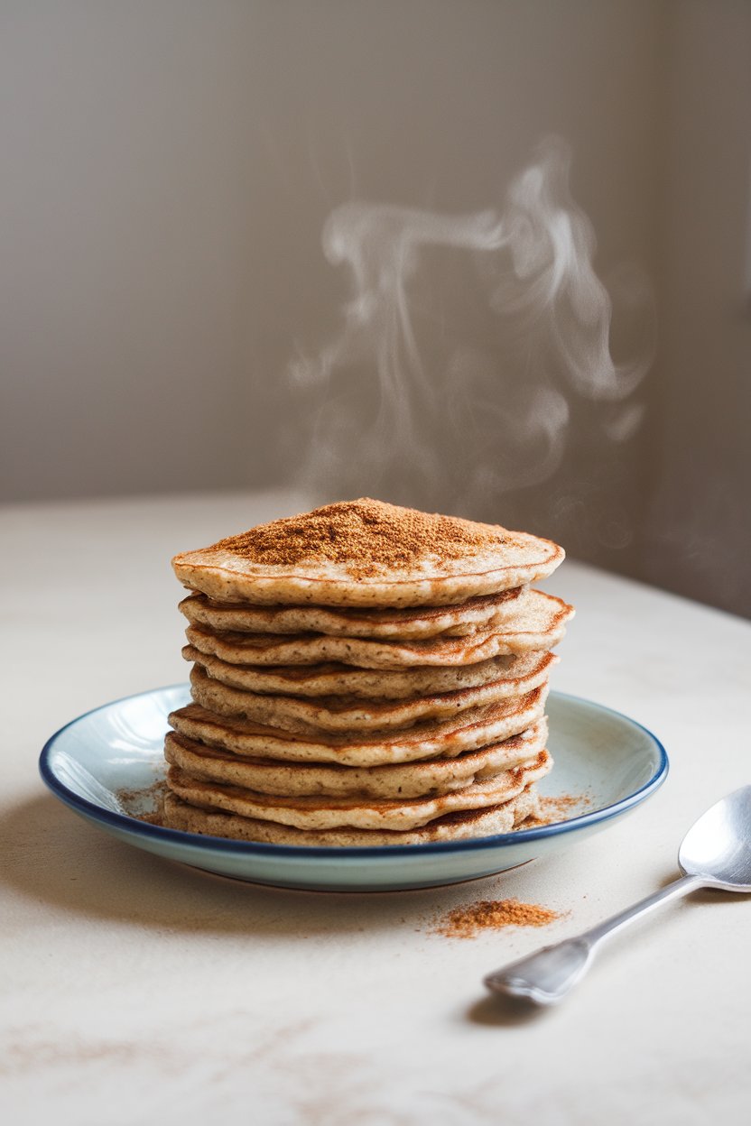 Indoor tabletop with oat pancakes sprinkled with chai spice mix, steam curling up, no logos.