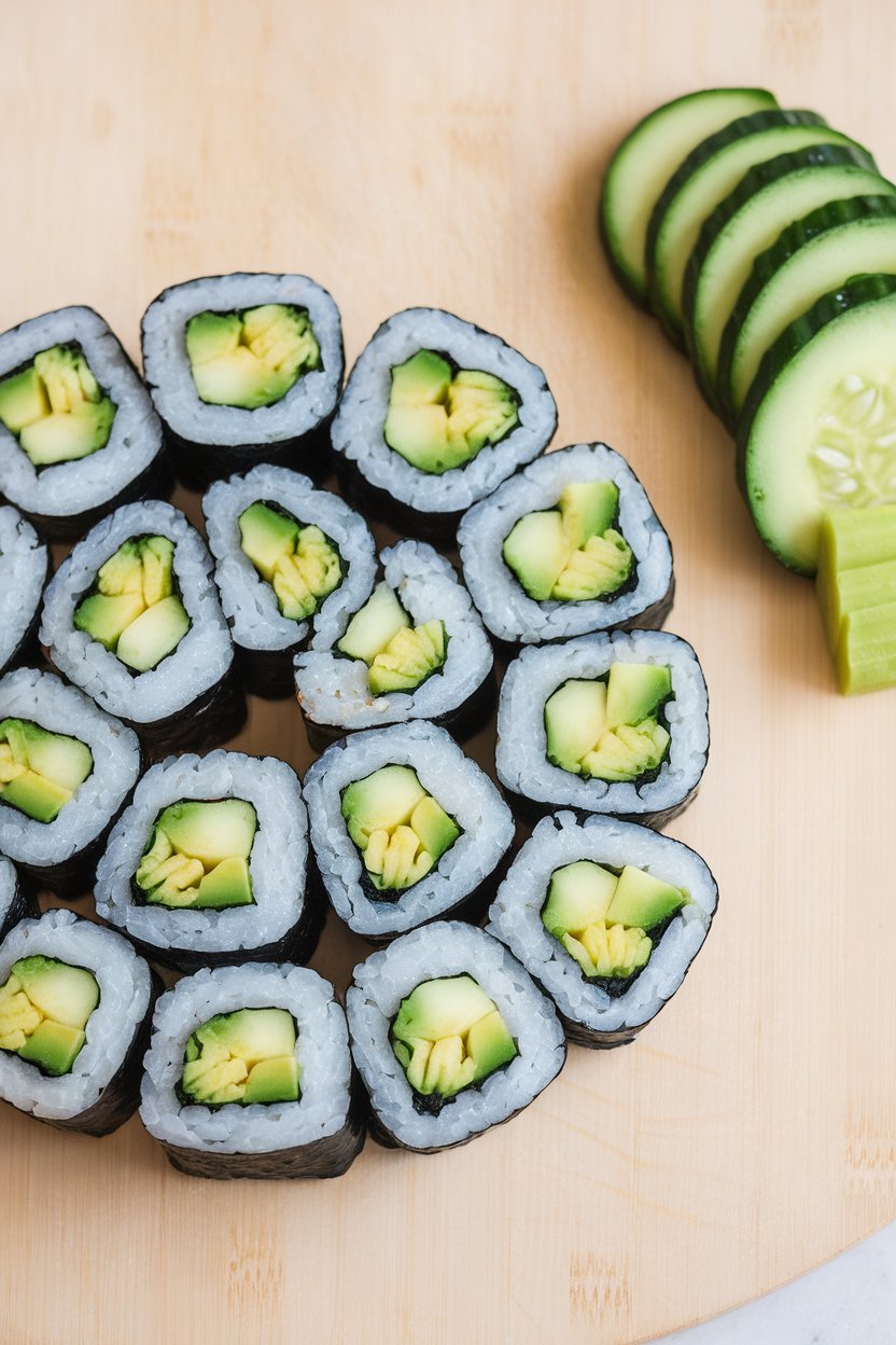 An indoor sushi board with nori rolls filled with avocado and cucumber, sliced neatly, photo, no text or logos.