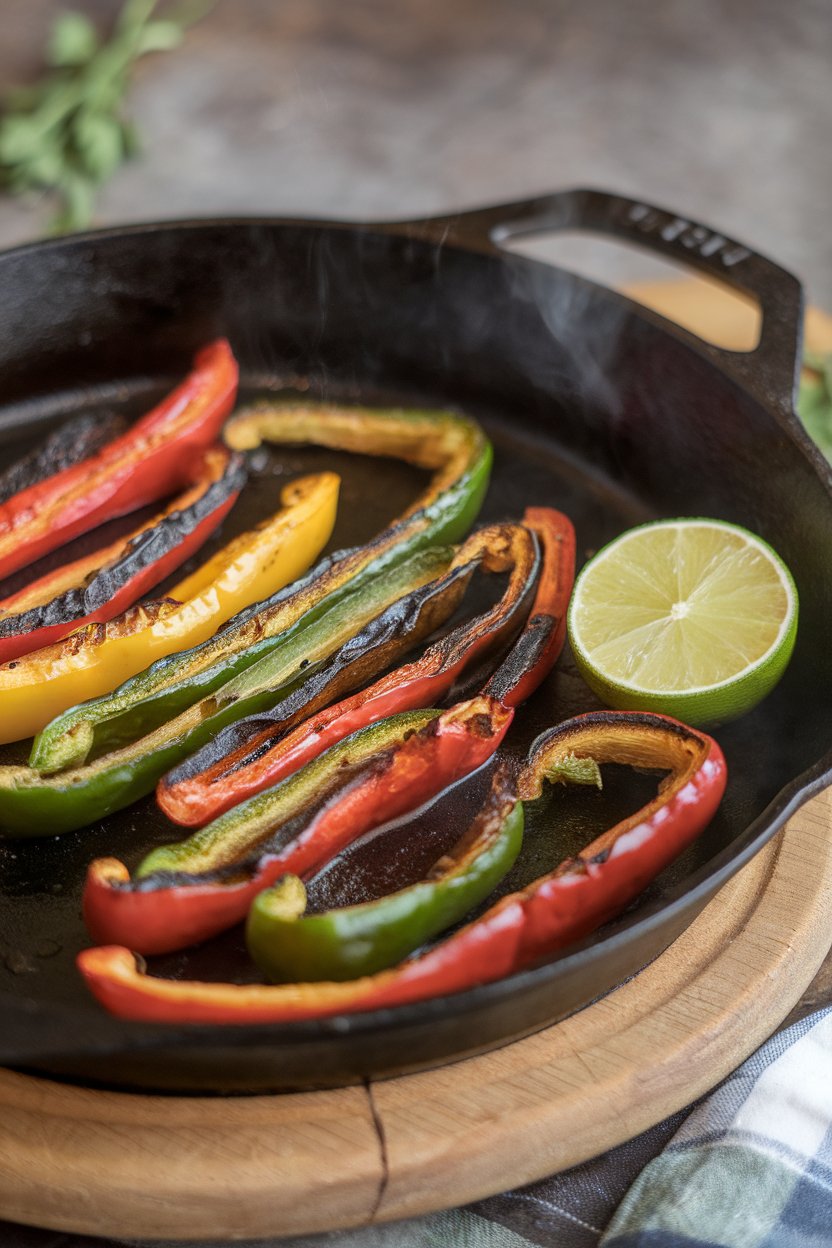 Indoor sizzling cast-iron skillet with charred bell pepper strips and onions, lime wedge on the side. No logos or text; photo.