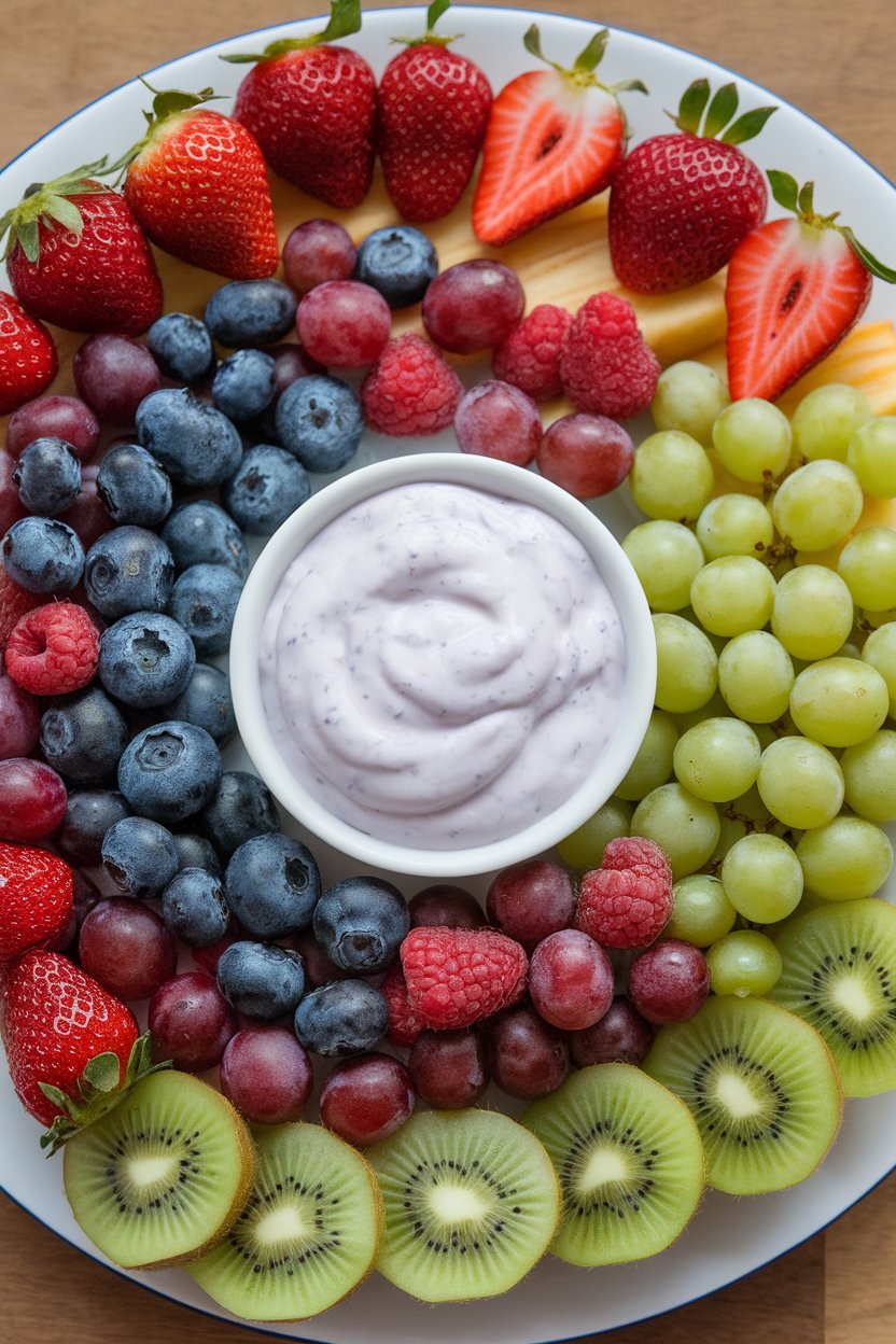 An indoor platter of assorted fruit surrounding a small bowl of lavender-honey yogurt dip, photo only, no text or logos.