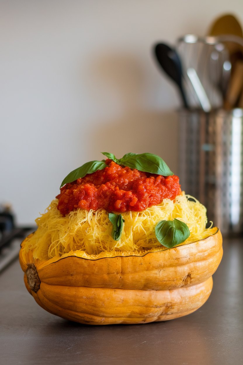 Indoor countertop showing strands of roasted spaghetti squash piled high and topped with chunky tomato sauce and basil leaves. No logos or text; photo.